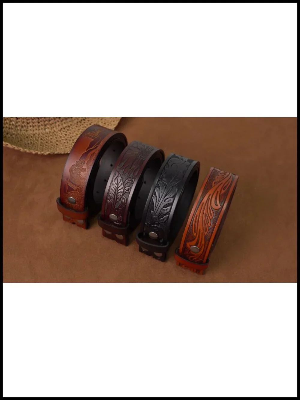 Handmade Western Leather Belt Straps 2 Pack, Embossed Cowboy Cowgirl Belt, No